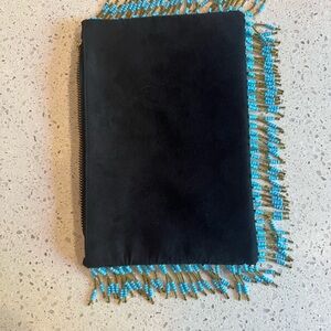Shiraleah Black Suede Clutch with Blue Beaded Fringe